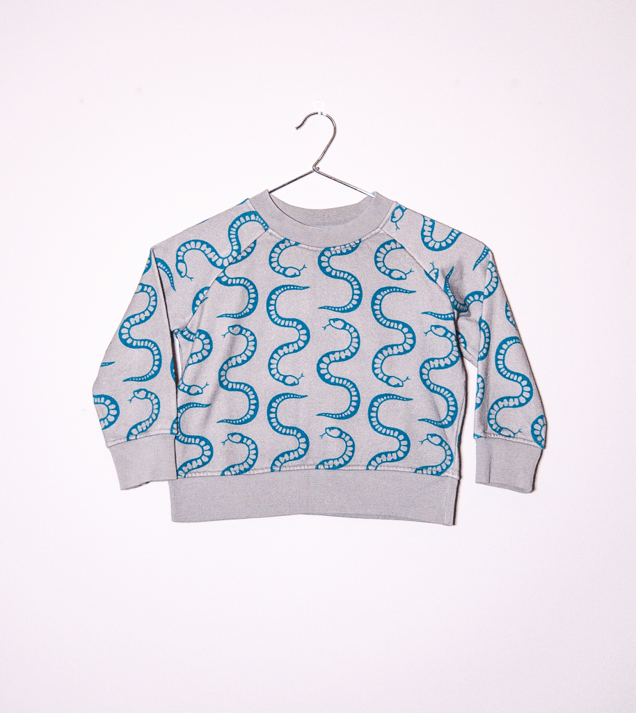 child-size organic cotton sweatshirt with teal snake print from coisa boa